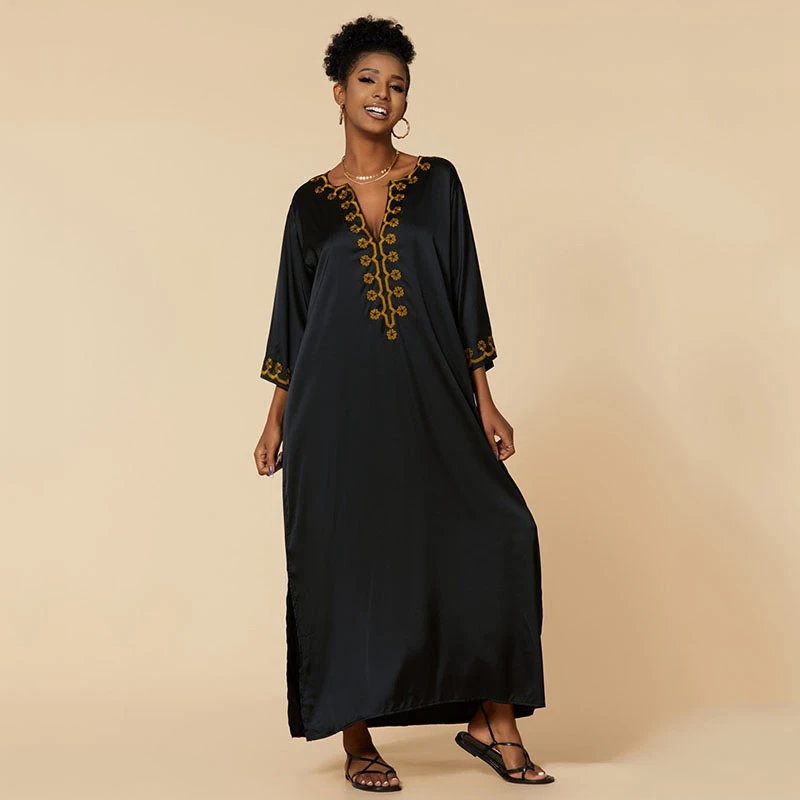 

Exquisite Black Slik Gown Unparalleled Elegant Luxury Gold Thread Floral Embroidery Flowy Loose Fit Night Dress Women MaxiKaftan