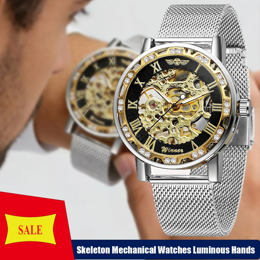 

T-WINNER Classic Mens Engraving Skeleton Mechanical Watches Luminous Pointers Rhinestone Mesh Band Man Roman Numerals Wristwatch