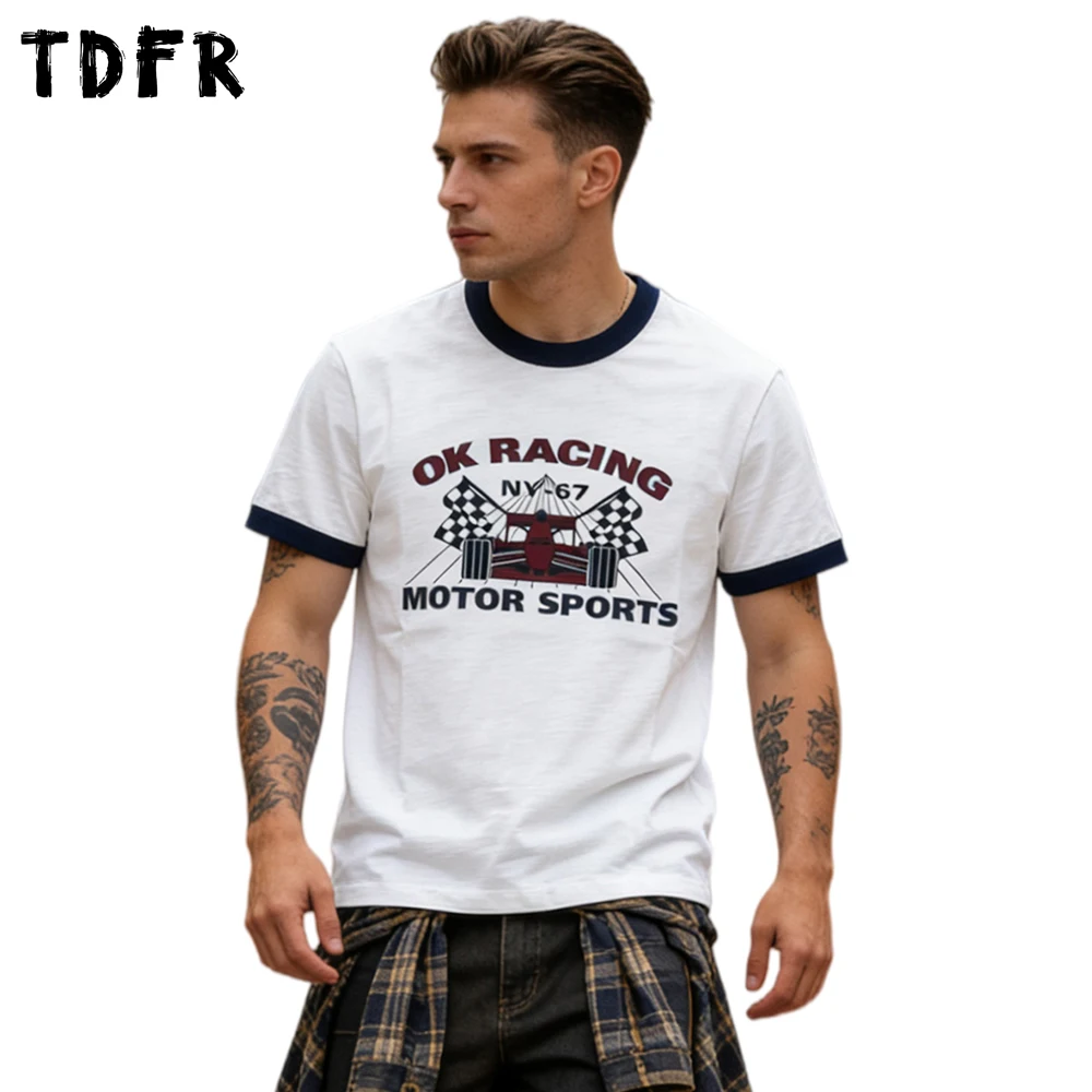 Retro Racing Print Short Sleeve T-shirt Mens Summer Contrast Paneled Casual Cargo Loose Crew Neck Cotton Tee Man Tshirt