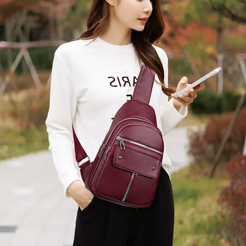 2025 New Breast Women's Pu Leather Shoulder Bag Messenger Trendy Brand Double-layer Women's Bag Soft Leather Small Backpack