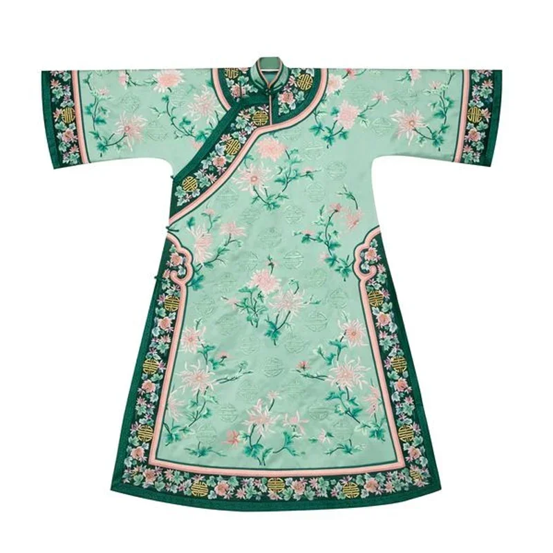 Cheongsam estilo chinês feminino, robe hanfu verde da dinastia Qing, estampa vintage, padrão floral, elegante vestido qipao, vestido do palácio