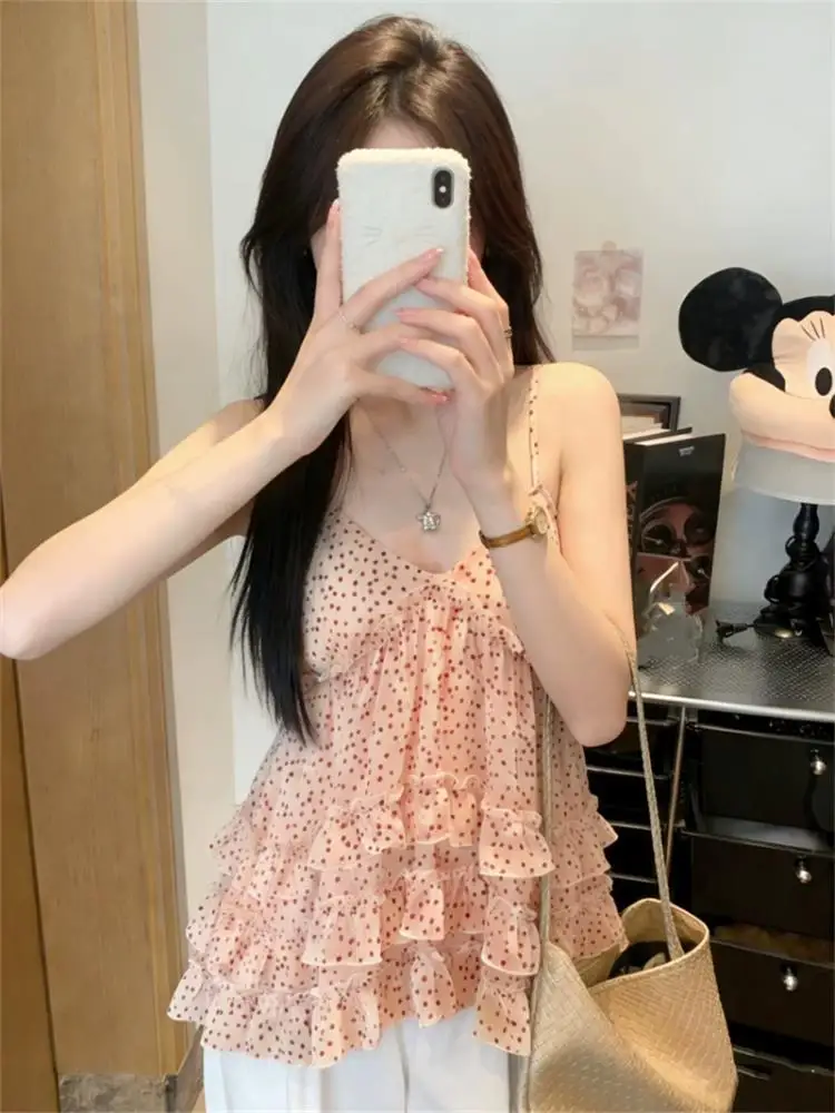 Korean Style Sweet Lace Trim Blouse Flowing Halter Neck Summer Casual Top V-Neck Print Loose Fit Women's Fashion Vest