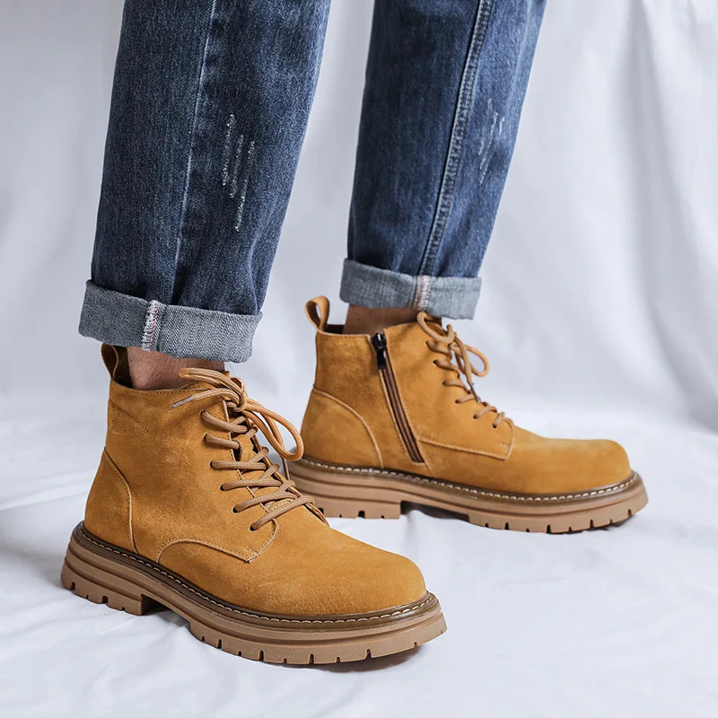 

mens casual desert boots lace-up cow suede leather shoes outdoors cowboy tooling work boot spring autumn platform ankle botas