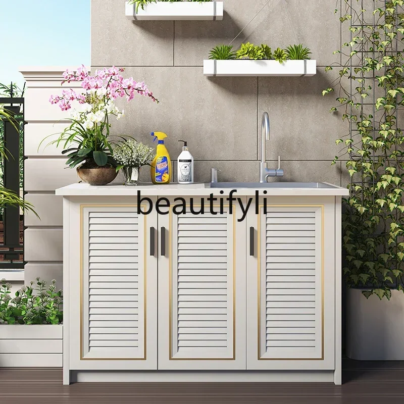 

ls 42Outdoor balcony aluminum alloy wash basin cabinet sink integrated household courtyard waterproof rock slab storage cabinet