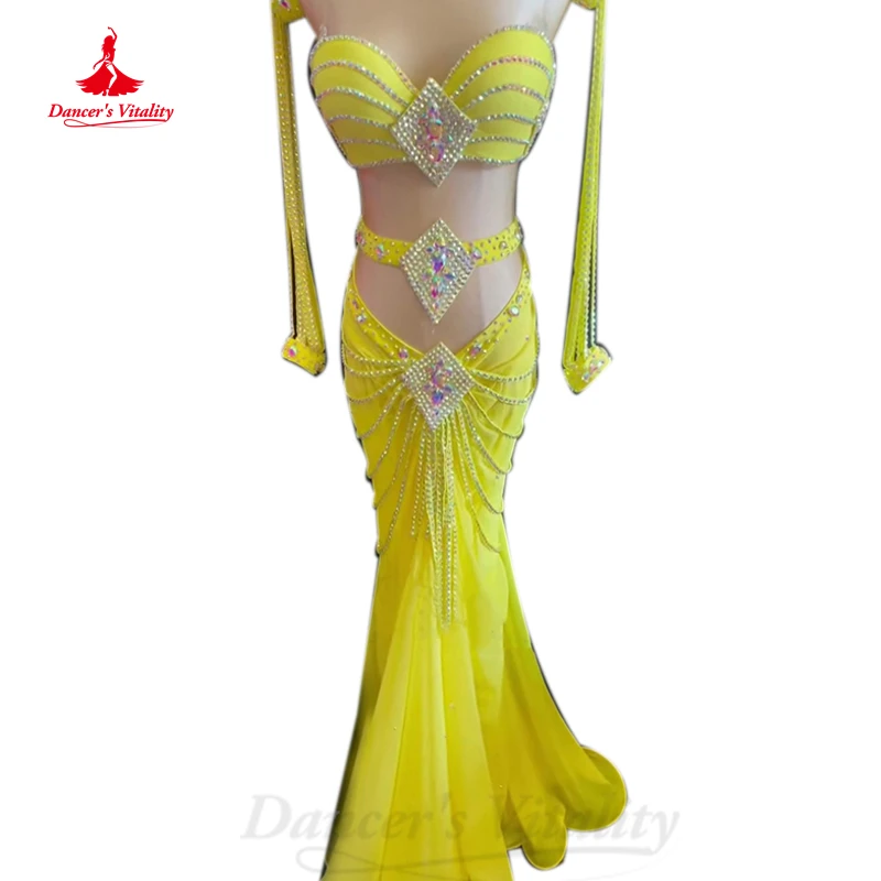 

Belly Dancer Costume Suit Women Customsized Senior AB Stones Bra+sleeves+Fishtail Skirt 3pcs Girl's Oriental belly Dancing Suit