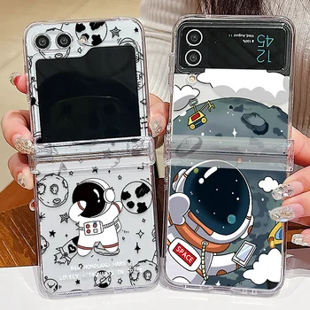 For Samsung Galaxy Z Flip 6 5 4 3 Cartoon Astronaut Clear Case Shockproof Folding Hard PC Cover For Samsung Z Flip5 Flip4 Flip3