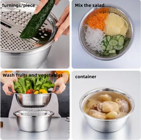 Multifunctional Stainless Steel Vegetable Slicer, Fruit Cutter, Salad Fruit Bowl, Drain Basket, Kitchen Gadgets, 3Pcs, 1Set