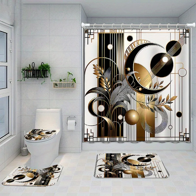 4PCs home decor waterproof shower curtain sets with 12 hooks toilet seat cover bathroom mat non-slip rug carpet polyester fa