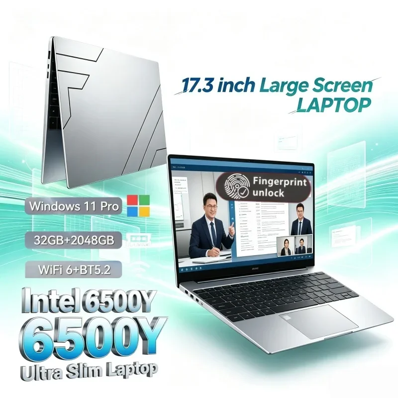 Intel 6500Y Premium 17.3 Inch Large Screen Laptop Windows11 Portable for Study Office 16/32GB RAM 1/2TB BIG SSD Clear