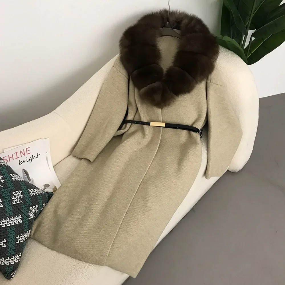 Echte Fuchs Haut Kragen Neue Faul Mode Dicken Langen Fuchs Pelz Kragen Strickjacke Gestrickte frauen Natürliche Fuchs Haut Lose mantel