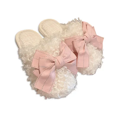 Anti Slip Fuzzy bow tie Slippers for Women in Autumn and Winter Warm Home Anti-slip Comfortable Thick Soles Cotton Slippers