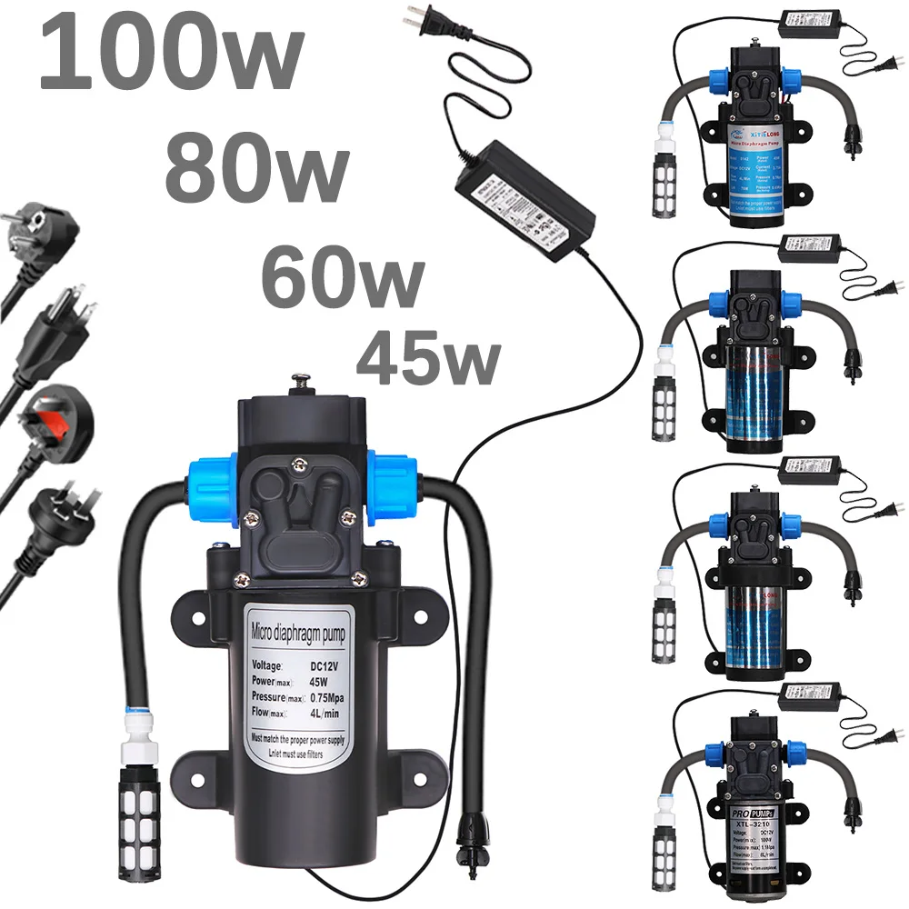 45W 60W 80W 100W Self-priming Pump w/ 110-240V Power Supply Filter Hose Kit Water Pressure Diaphragm Pump for Irrigation Cooling