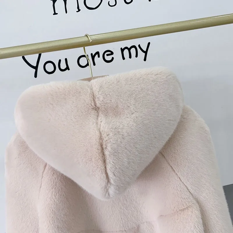 Nouveau Tian manteau en cuir mère polaire chaud mi-long avec chapeau et fourrure mixte pour les femmes