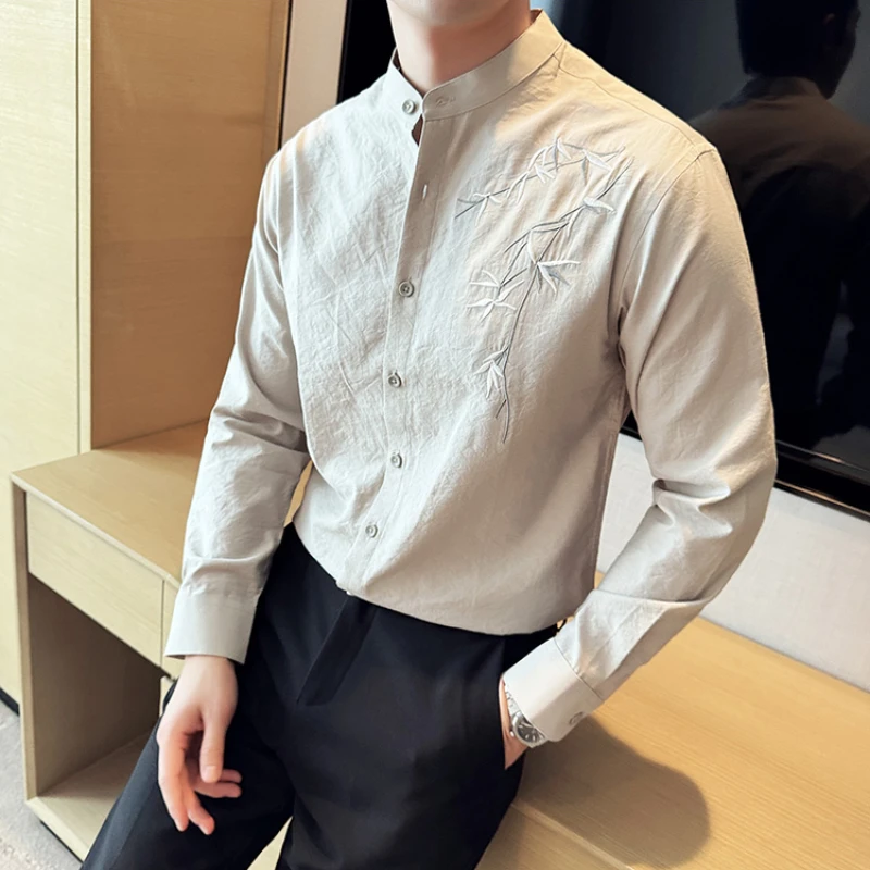Chinese Style Standing Collar Embroidered Shirt Men\'s Linen Cotton Long Sleeved Shirt Slim Fit Casual Business Dress Shirts 2024