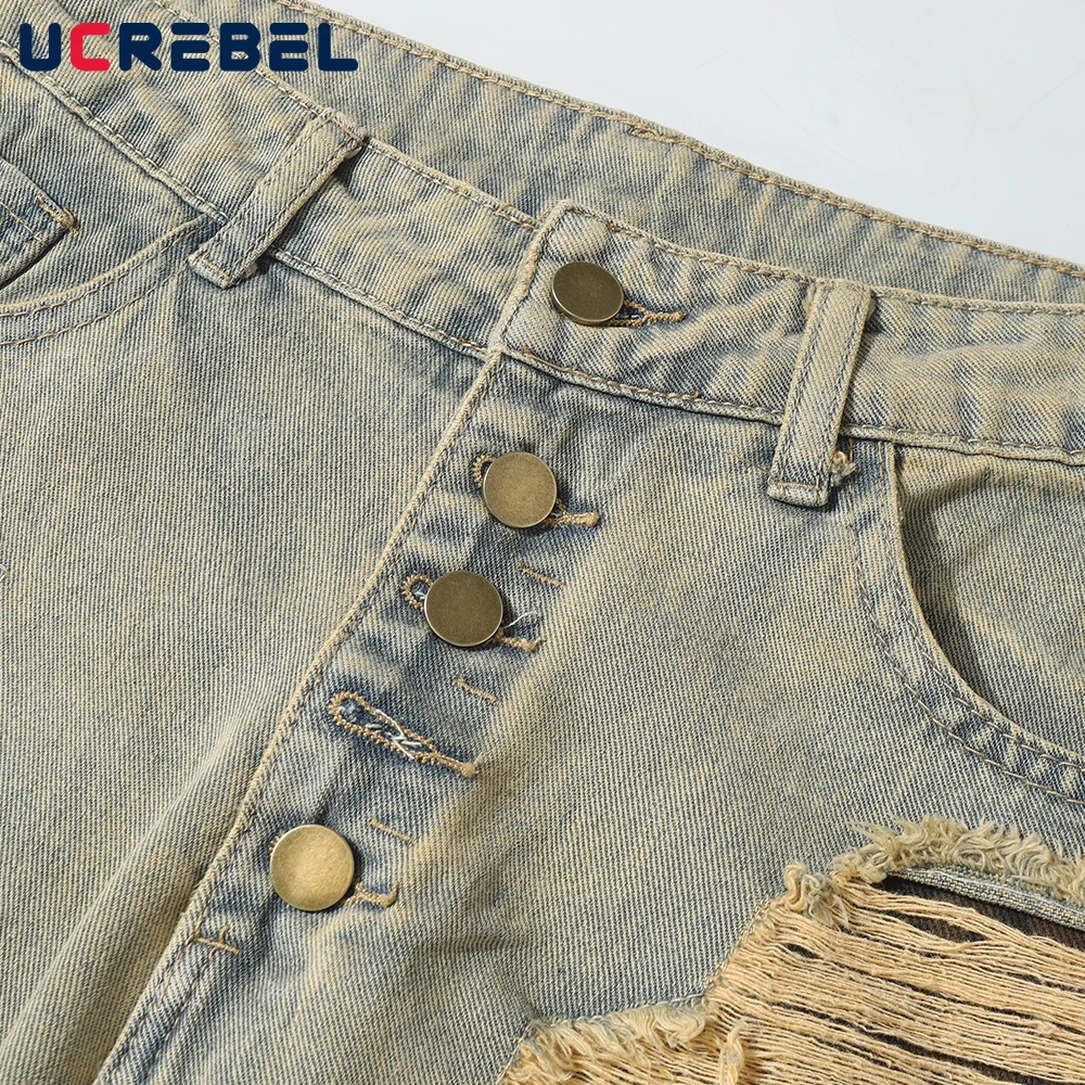 Leopard Print Patch Jeans Mens with Rivets Hip Hop High Street Washed Distressed Baggy Wide Leg Raw Edge Spliced Denim Pants Men