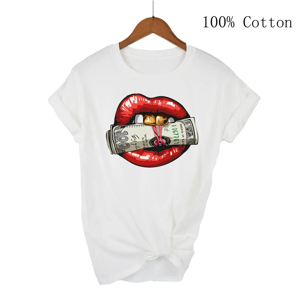 Money Lips Print T-Shirt Short Sleeve Crew Neck Casual Top For Spring & Summer Women's Clothing Women's Clothing