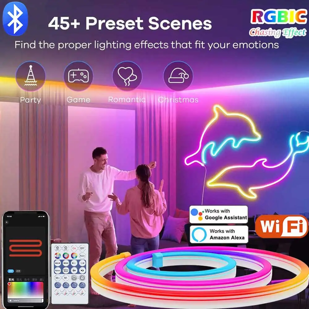 

5V Neon LED Strip Light RGBIC Rope Lights 1M 2M 3M 5M Music Sync DIY APP RGBIC Multicolor Chasing Strip Tape for Room Wall Decor