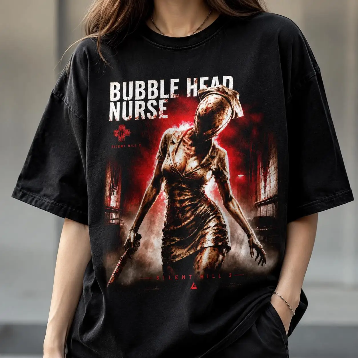 Silent Hill 2 Bubble Head Krankenschwester Horror-Spiel-Muster T-Shirt für Männer und Frauen, Alltagskleidung, lässiger Street-Style – Detail 2