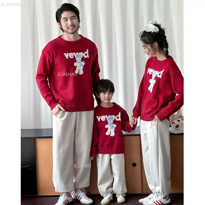 Family Red Snowman Knit Sweater Matching Parents Clothes Holiday Gift Christmas Kids Thickened Pullover Warm Children Winter