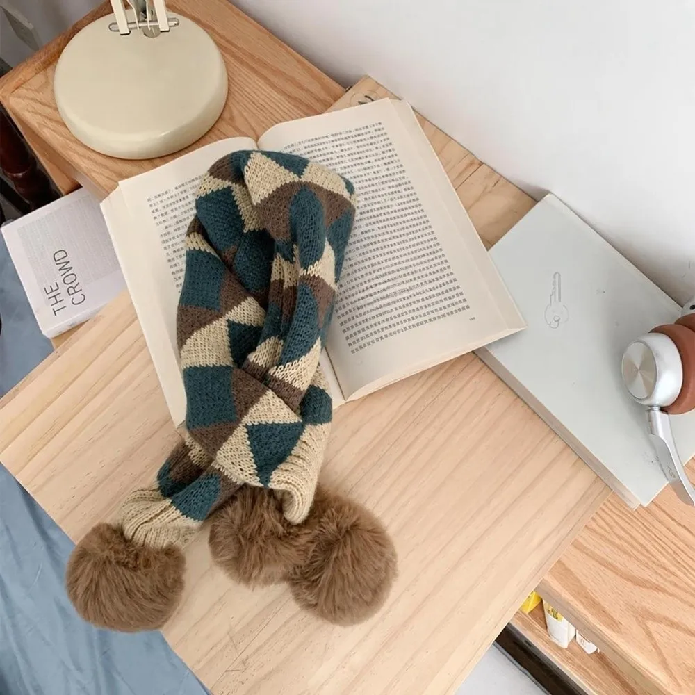 Soft Pompon Trim Kids Plaid Knitted Scarf Stripe Pattern Warm Thicken Fabric Kids Patchwork Shawl Warm Neck Cover