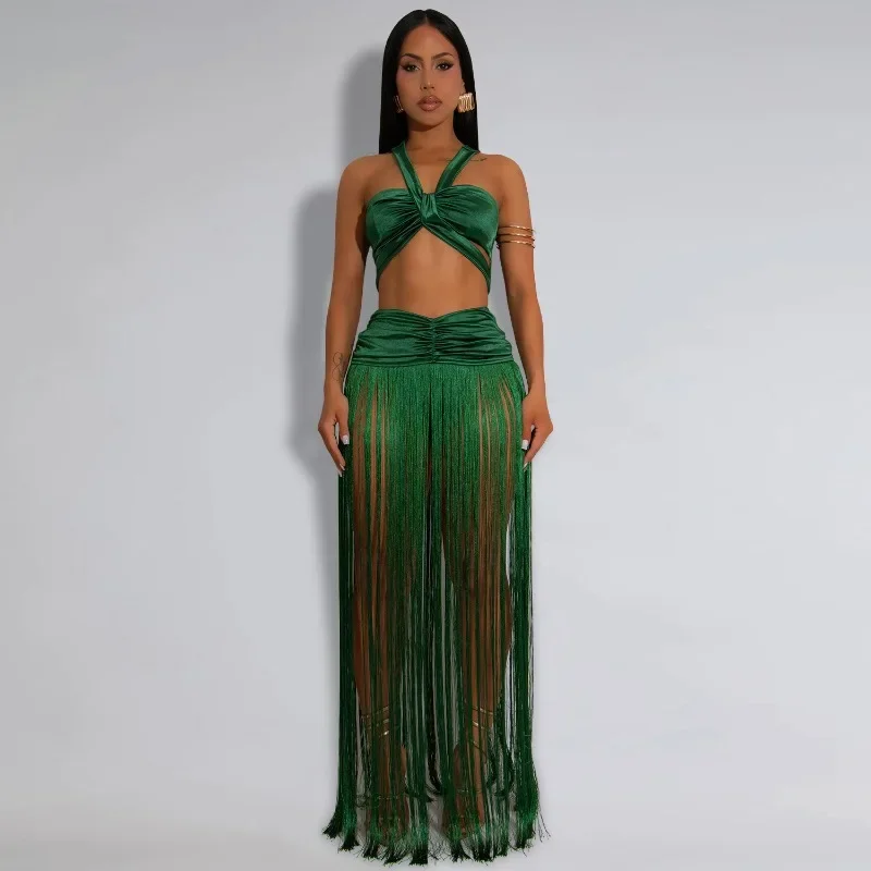 

GUWU Sexy Party Beach Women's Dress Set Crop Tops and Tassel Midi Maxi Skirts Shorts Suit Vacation Street Two 2 Piece Set Outfit