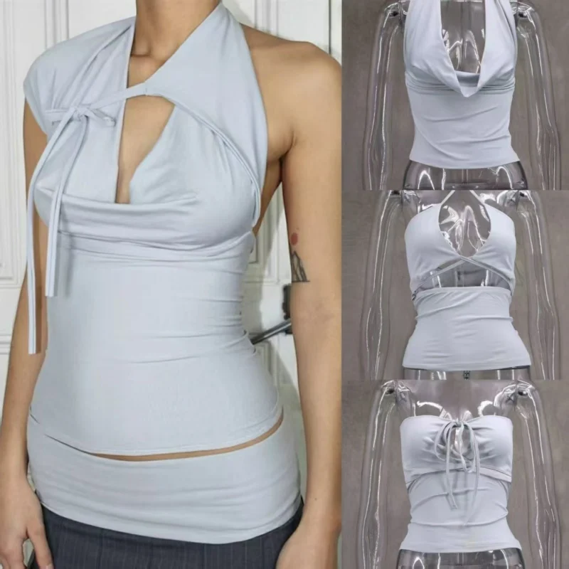 

Тонкая однотонная футболка на шнуровке с лямкой на шее, женские футболки без рукавов с открытой спиной, женские укороченные топы с повязками, летняя уличная одежда, уличная одежда