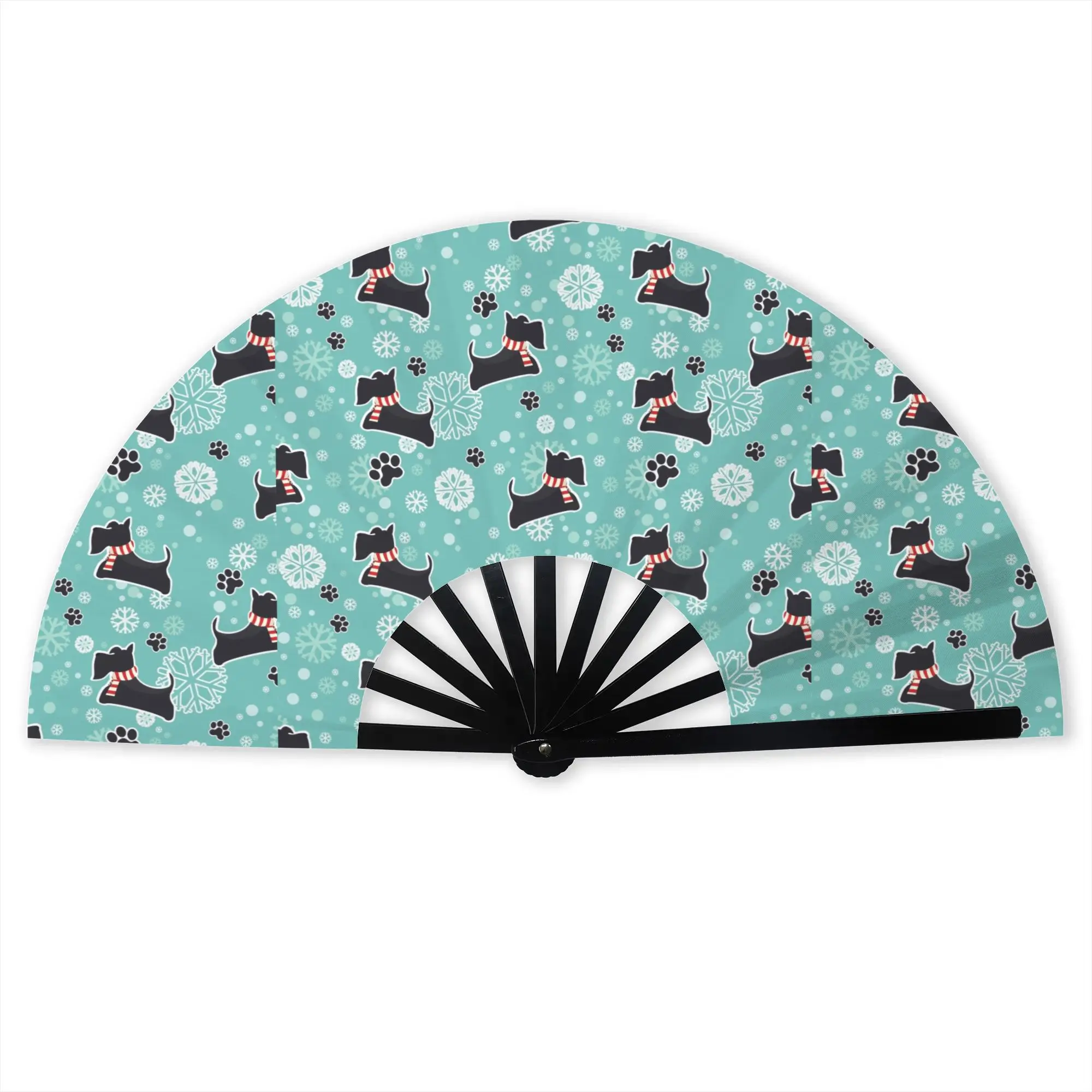 Snowy Scottie Dog Portable Pocket Fan Outdoor Scottish Terrier Polyester Folding Fan Chinese Dance Handheld Cooling Fans