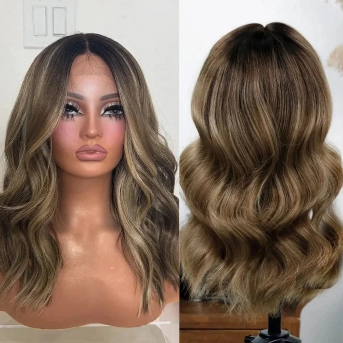 18 inches Ombre Deep Wave  Synthetic Lace Top Wigs For Women Highlight Chocolate Brown Full Wigs With Dark Roots Brunette Fibre