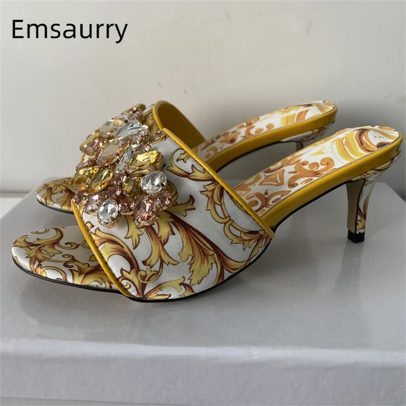 Exotic Style Print Satin Summer Mules For Girls 6cm Kitten Heel Slingbacks Crystal Diamond Rhinestone Decor Sandals Women