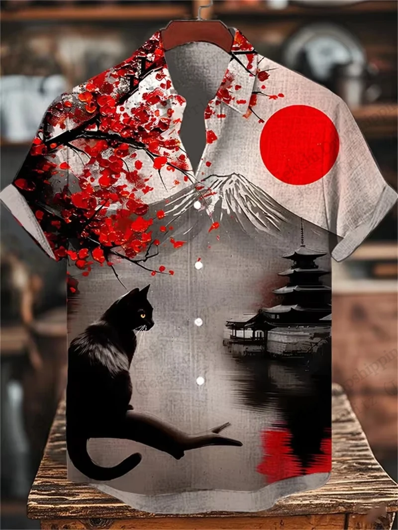 

Гавайская рубашка в японском стиле с 3D принтом самурая и кота, рубашка для мужчин и женщин, модная рубашка на пуговицах с короткими рукавами, блузка с животными, мужская одежда
