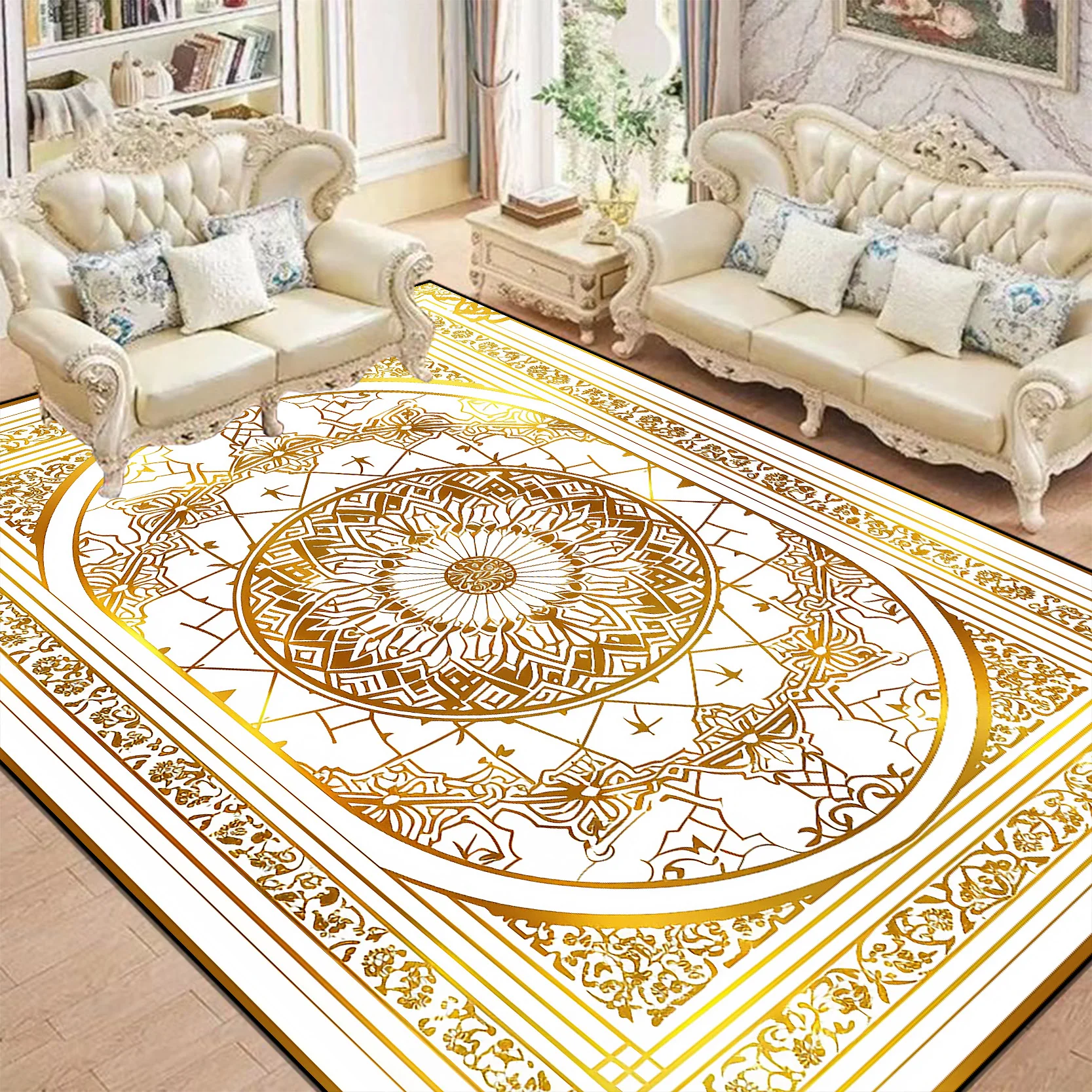 

Golden European Large Rug for Living Room Luxury Sofa Coffee Table Carpet Home Bedroom Non-slip Cloakroom Floor Mat Customizable