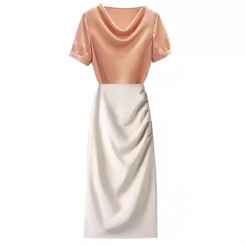 

New High End Satin Fashion Two Piece Sets Women Summer Short Sleeve Shirt Blouse + High Waist Wrinkle Wrapped Hip Skirt Suit