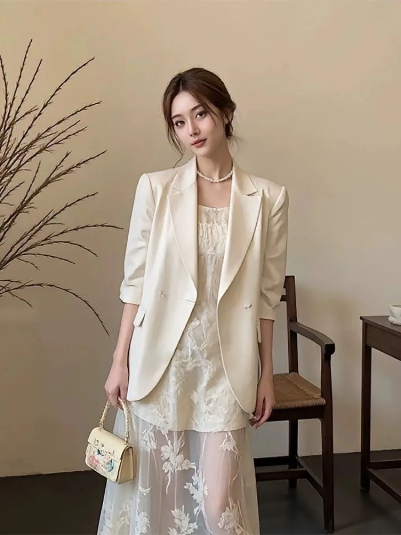 New High End Autumn Dress Set Women Korean Fashion Elegant Slim Long Sleeve Jacket + Lace Patchwork Sling Dresses Two Piece Set view 2