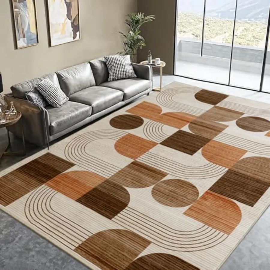 

Machine washable 5x7 area rug for bedroom and living room, orange modern geometric abstract design, faux wool non-shedding soft