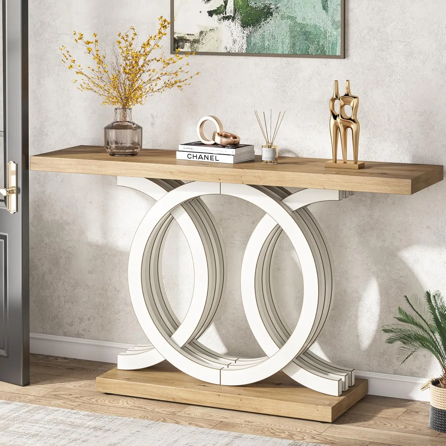 Tribesigns 55 in Console Table with Geometric Base, Modern Hallway Table, Wooden Entryway Table, Foyer Sofa Table, Unique Long A