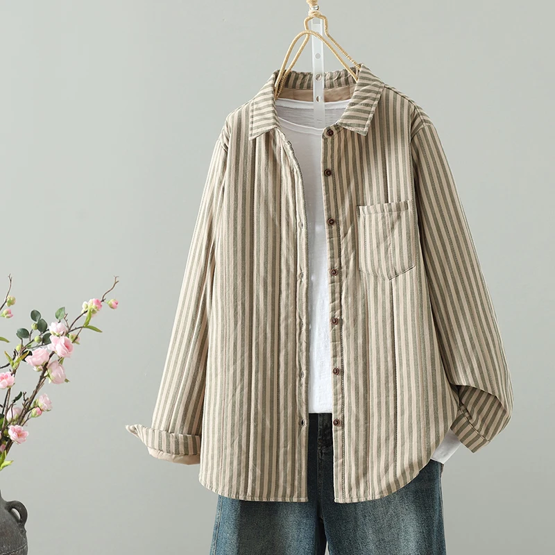 فضفاضة تناسب شريط نمط القطن irt رقيقة ملابس خارجية دافئة الخريف الشتاء تخفيف Sle منتظم Sve طويل زر واحد إغلاق