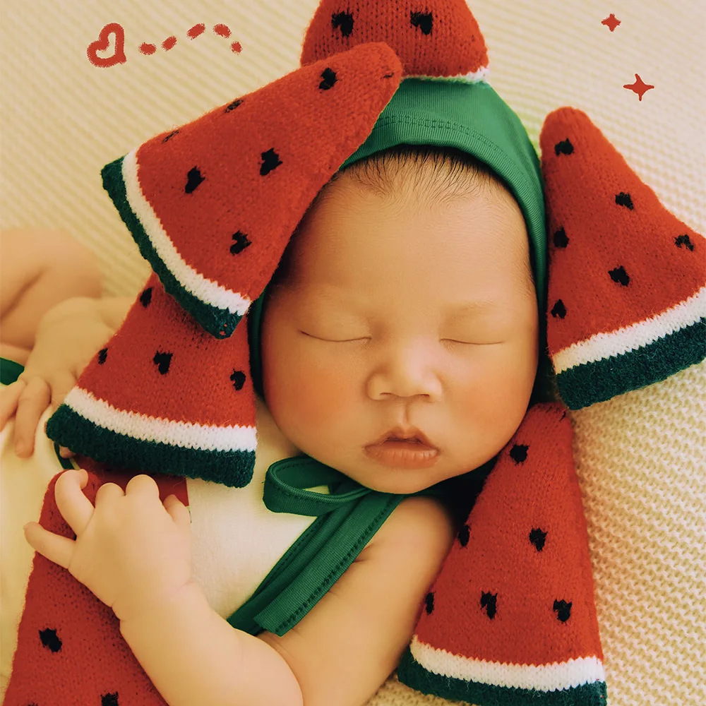 Baby Bodysuits Hat Newborn Photography Outfits Wool Blanket Background Watermelon Decorative Props Summer Theme Shooting Props