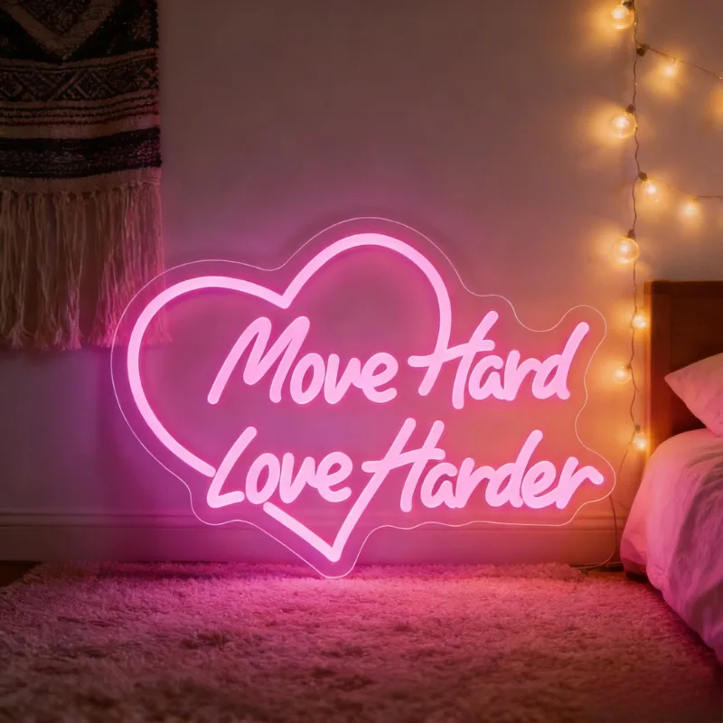 

Неоновая LED-вывеска «Move Hard Love Harder» для декора стен спальни, романтическое мотивационное освещение для дома, подарок на свадьбу или вечеринку, неоновая лампа
