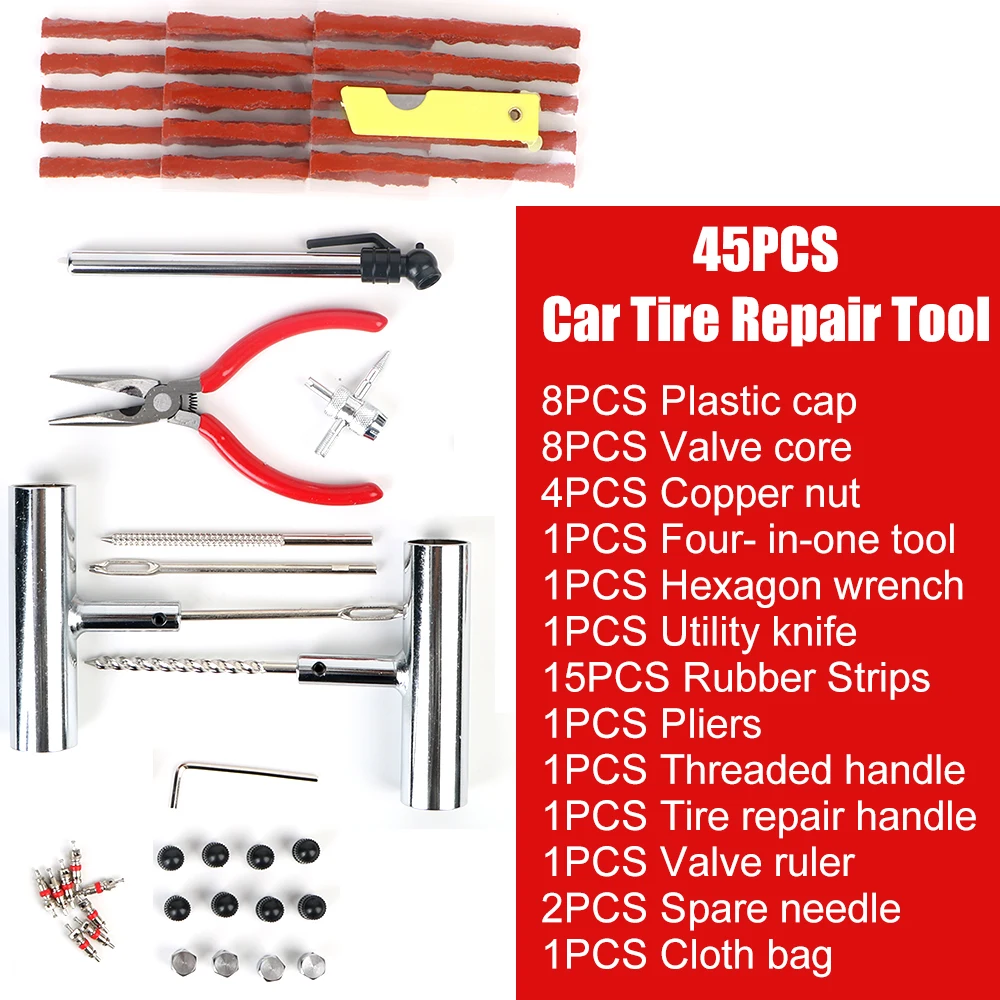 자동차 자전거 타이어 수리 스터드 도구 세트, 펑크 플러그 세트, 자동차 액세서리, 자동차 타이어 수리 도구, 타이어 수리 키트, 45 개 오토바이