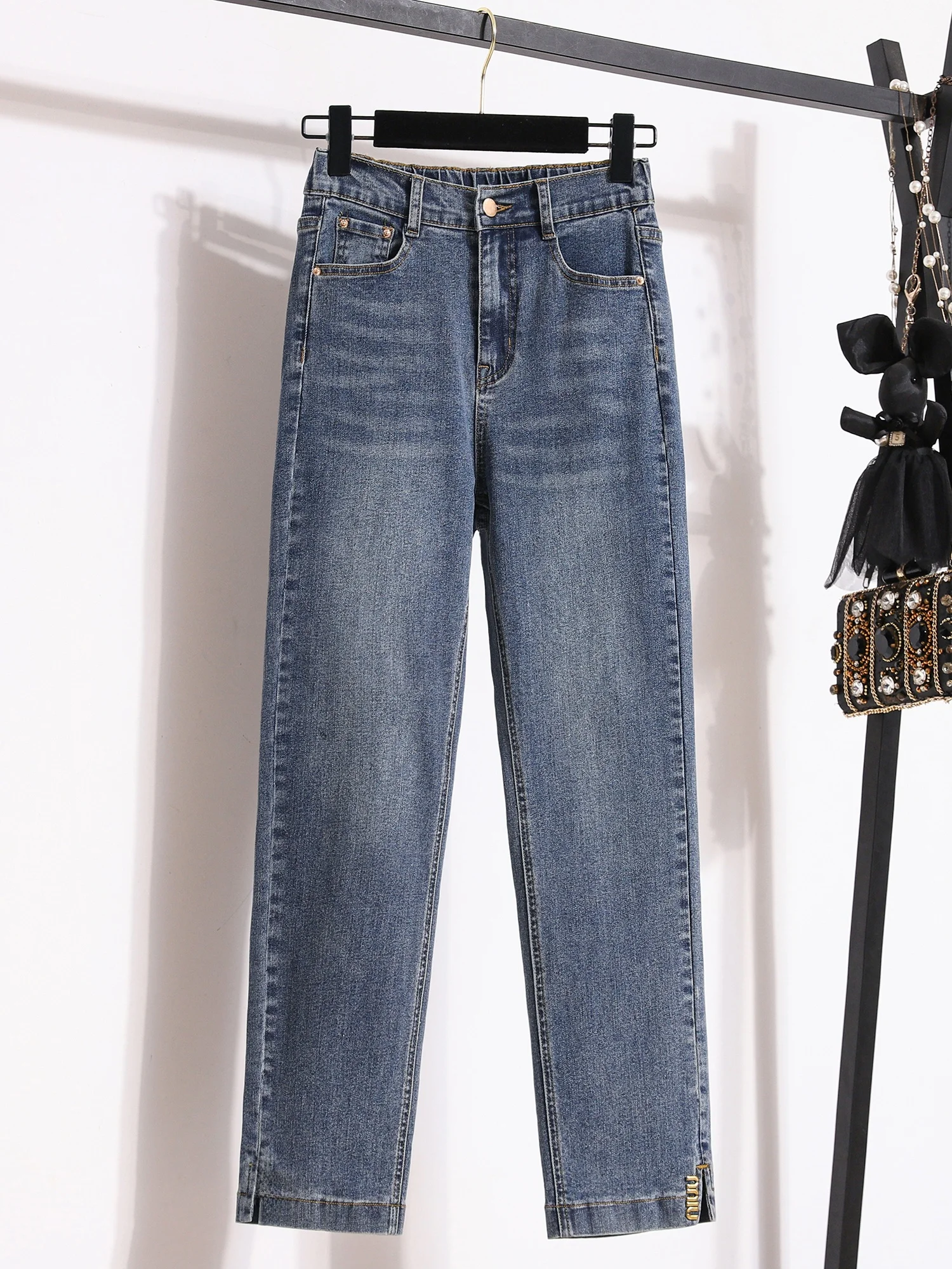 

Весна 2026, прямые эластичные джинсы с высокой талией, женские повседневные эластичные брюки больших размеров из девяти предметов для похудения из смеси хлопка