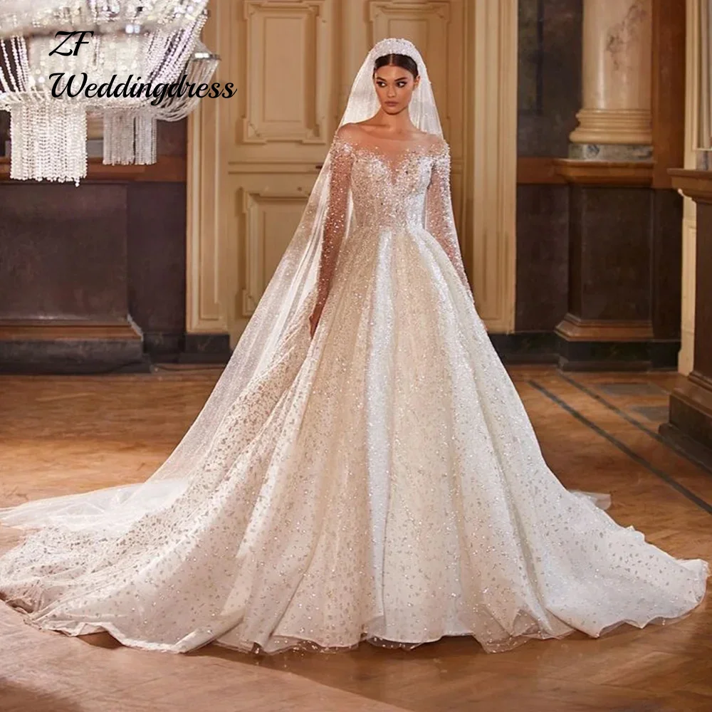 Customized Vestidos De Novia Shining Long Sleeve Ball Gown Wedding Dress Beading Tulle LuxuryButton Back Gorgeous