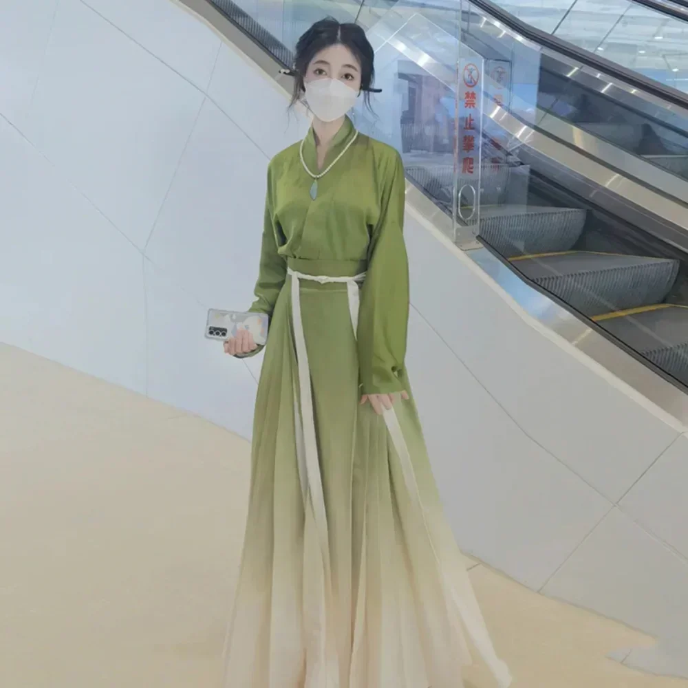 Spring Summer Song Dynasty Elegant Satin Green Gradient Hanfu Dress Women's Clothing Improved Modern Horse Face Skirt Hanbok