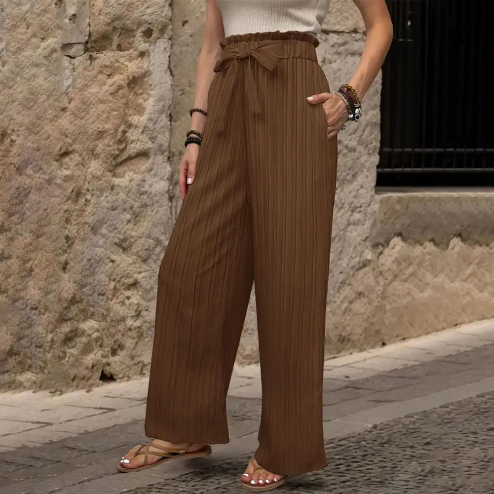 Pantalones informales elegantes para mujer, pantalones de pierna ancha con cintura elástica, detalle de cordones, ajuste suelto para ropa de calle informal o de vestir