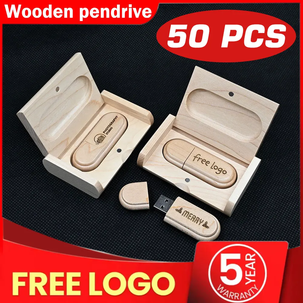 50PCS LOT Wooden USB Flash Drive 128GB Free Custom Logo Memory Stick 64GB Creative Gift Box Pendrive 32GB Real Capacity U Disk