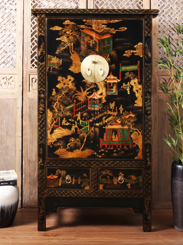 New Chinese solid wood storage classical elm antique mortise and tenon black gold-painted cabinet