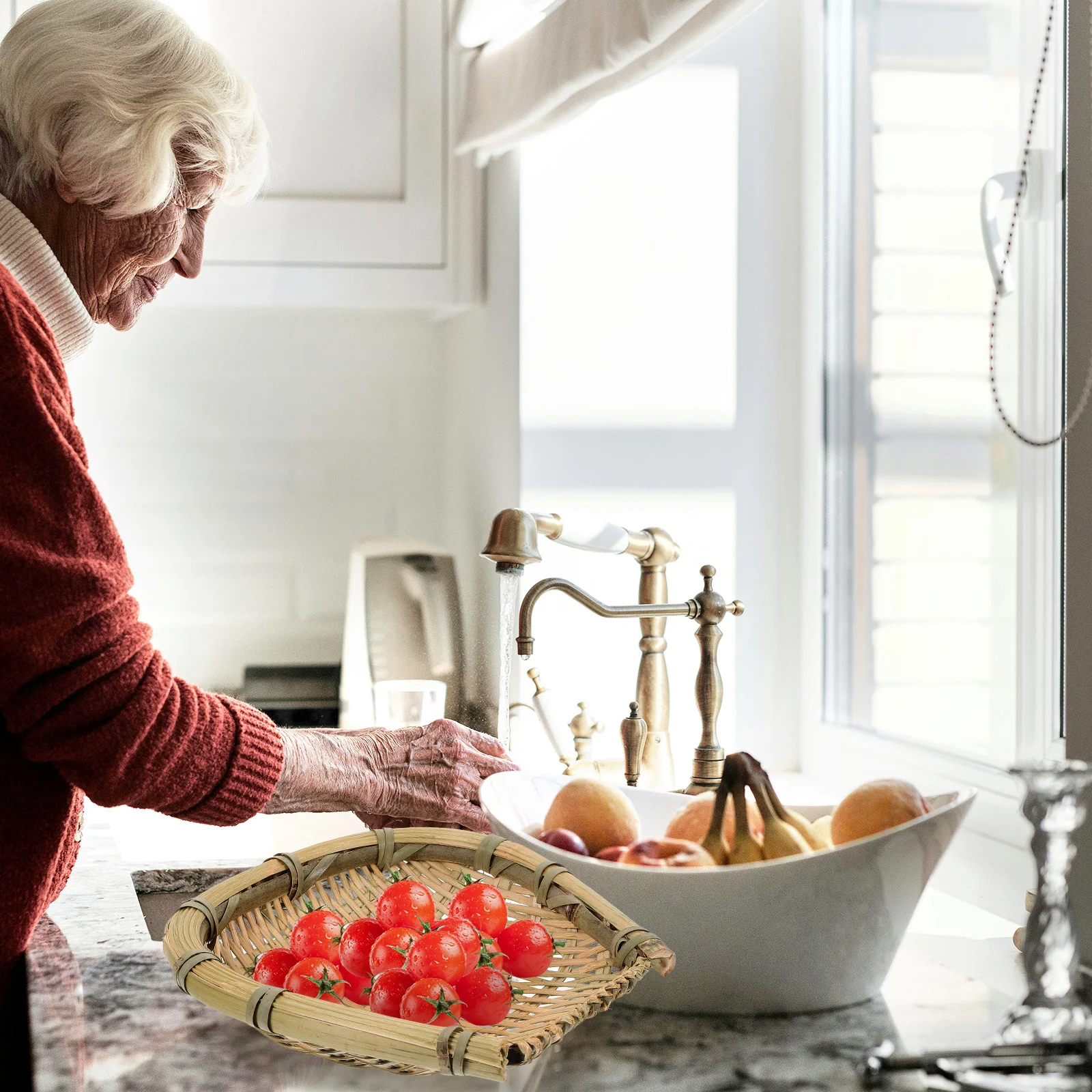 

2Pcs Bamboo Simulated Woven Basket Multipurpose Water Filter Tray Vegetable Fruit Snack Storage Bread Serving Organizer