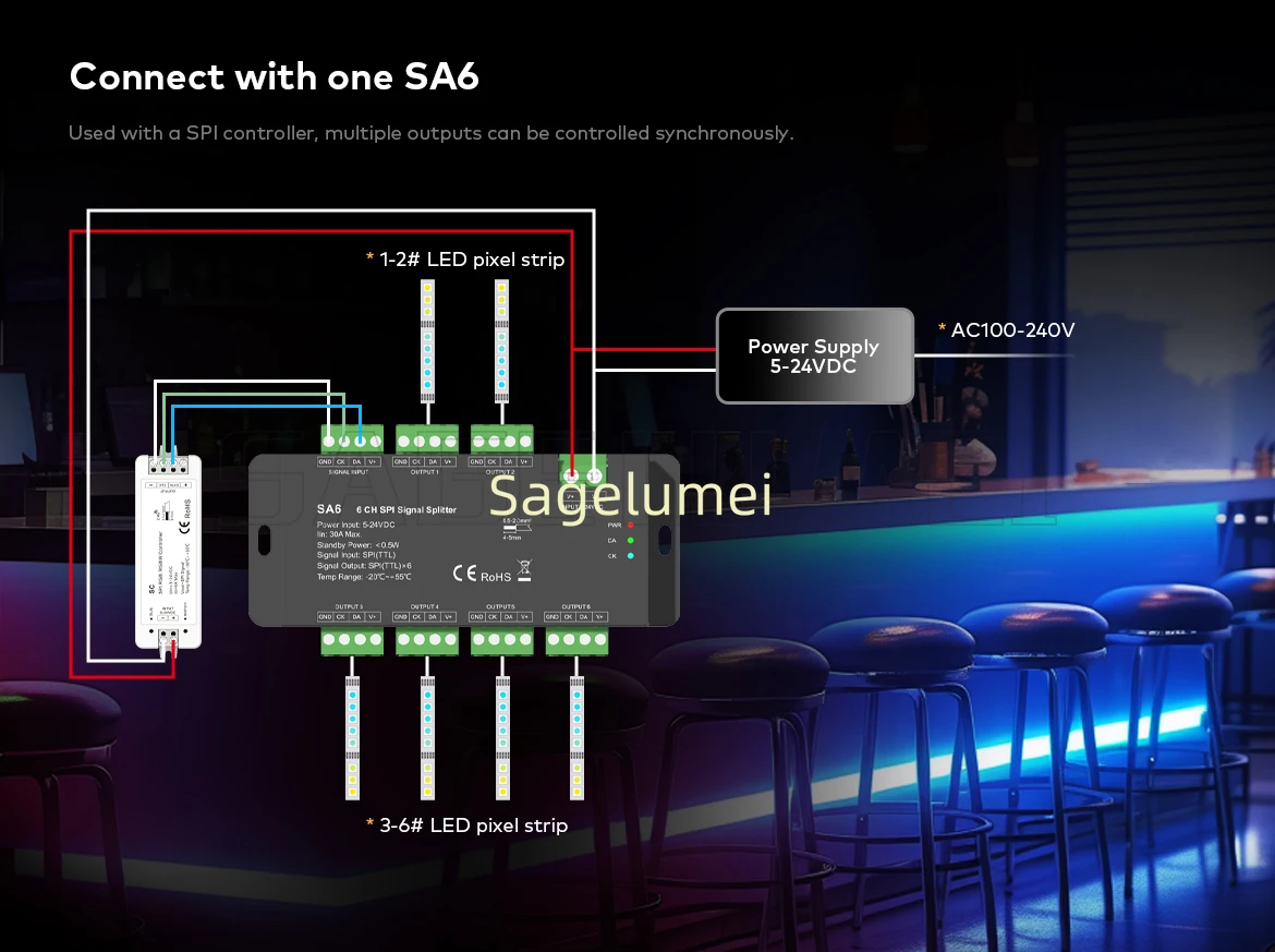 SPI Signal Splitter Dual Way LED Amplifier SA SA6 SA-T SA-R Skydance DC5-24V SPI (TTL) Signals Output for Pixel Controller 6 Way