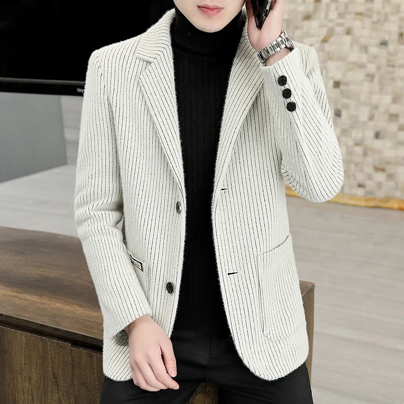 New Men\'s Suit Woolen Winter Thickeneded Outwear Good Quality Stripesd Casual Fashion Handsome Youth Black Suit Beige Outwear Top Middle-Aged Suit