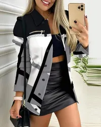 Women's Printed Geometric Jacket  Autumn Winter Long Sleeve Printed Zipper Color Block Lapel Jacket Comfortable Casual Jacket