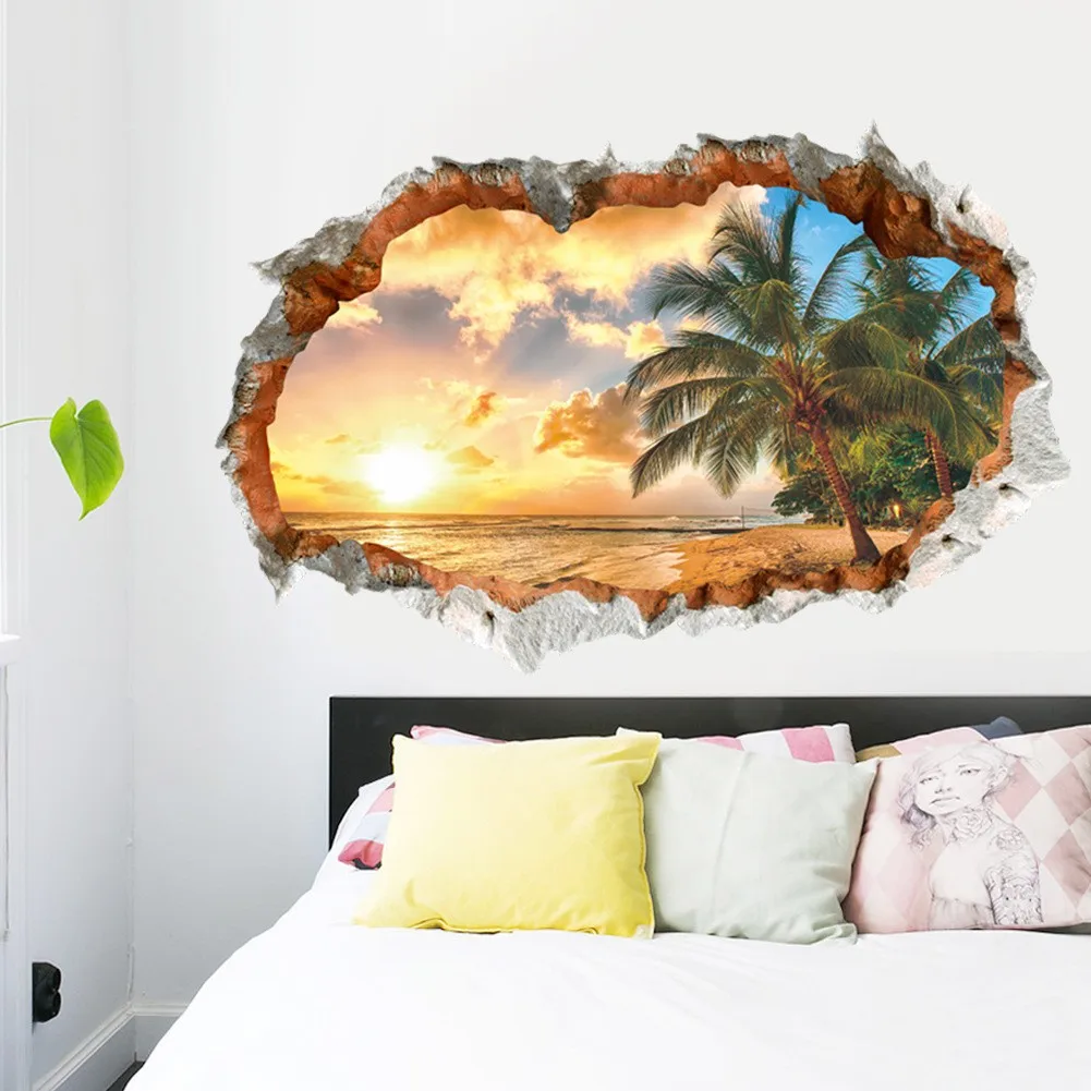 Sunrise Sea View Poster Wallpaper Aesthetic Room Wall Hole Art Beach Palm Tree Scenery Vinyl Mural Stickers for Home Decorations